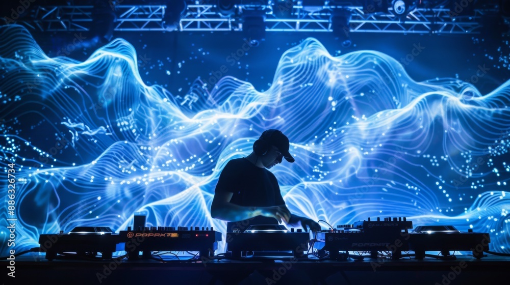 Poster A DJ in silhouette mixes music on a turntables in front of a large screen displaying blue lights and patterns.