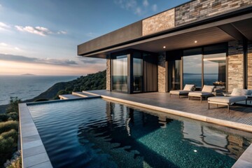 Obraz premium A large house with a pool and a view of the ocean