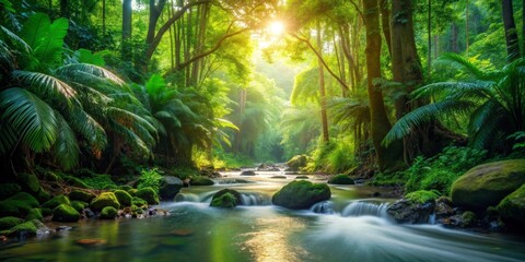 Lush tropical forest stream surrounded by green foliage and illuminated by sunlight , tropical, forest, stream, green, foliage