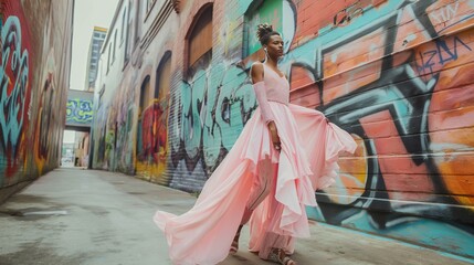 african american woman twirling in pink gown against graffiti walls, urban fashion film still capturing elegance and movement
