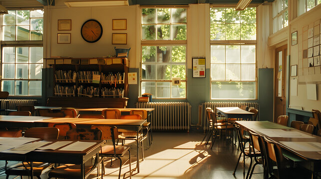 a classrom with tables and students stuff on tables without students while they are in the break.