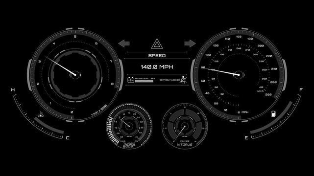 speed meter animated HUD element on a black background, speed dials, speedometer