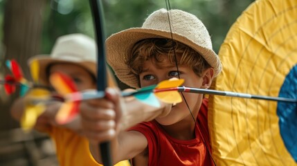 Obraz premium A young boy, dressed in a hat, is aiming an arrow at a target, showcasing focus and concentration, with a summer backdrop creating a sense of determination and skill.