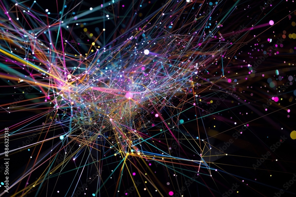 Poster a vibrant network of intersecting lines and dots on a black background, data streams intersecting in