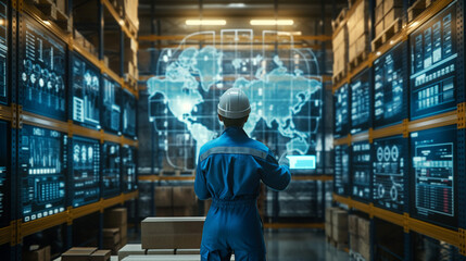 Engineer in a high-tech warehouse with digital screens and a world map.