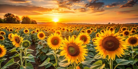 Field of sunflowers at sunset with warm golden light, sunset, sunflowers, field, nature, golden hour, beauty, sun, orange