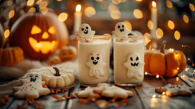 A cozy Halloween scene with themed cookies and milk, featuring ghost-shaped sugar decorations on the edges of delicious frothy drinks. The background is adorned with pumpkins, spoo