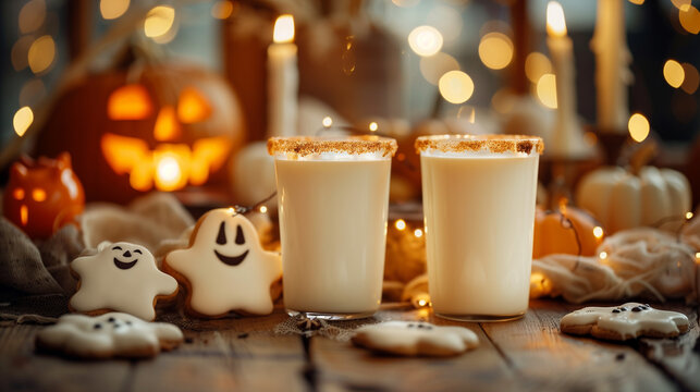 A cozy Halloween scene with themed cookies and milk, featuring ghost-shaped sugar decorations on the edges of delicious frothy drinks. The background is adorned with pumpkins, spoo