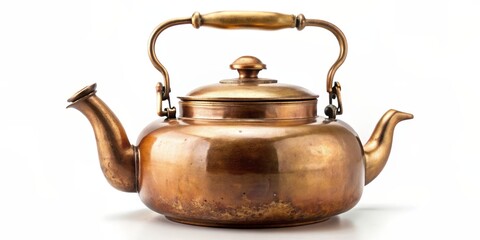 An antique kettle isolated on a white background, antique, vintage, kettle, metal, aged, retro, old-fashioned, isolated