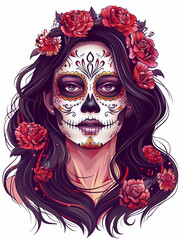 A portrait of an attractive woman with long dark hair, wearing the traditional Mexican Day Of The Dead skull makeup and flowers in her head. Vector art design for a t-shirt in the