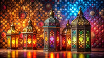 Obraz premium Colorful Ramadan lamps glowing against decorative background, Ramadan, lamps, colorful, illuminated, background