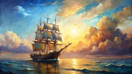 Obraz premium Abstract brush stroke painting of a ship sailing in the sea, ship, ocean, water, waves, art, brush strokes, painting