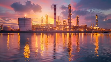 Naklejka premium Oil and gas power plant refinery with storage tanks, illustrating infrastructure for oil production alongside a demand price chart
