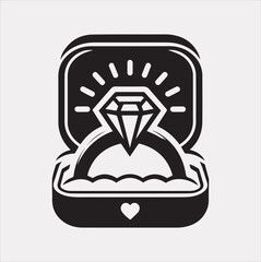 A diamond ring in a gift box is a symbol of love and a sign of a marriage proposal. Jewelry silhouette vector on a white background