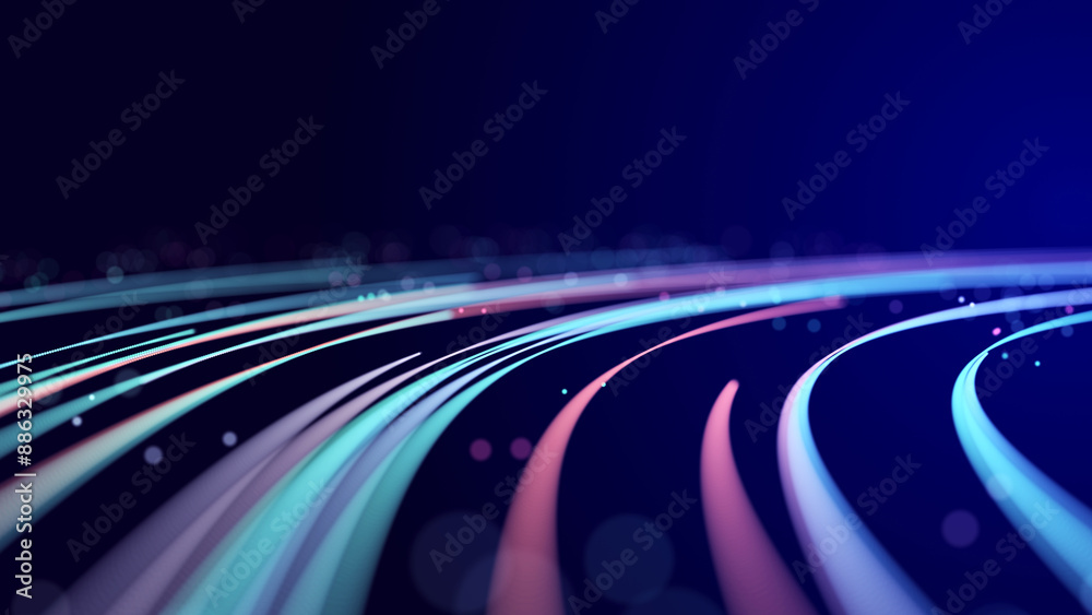 Fototapete Abstract digital background of moving particles. Information space flow. Big data visualization. 3d rendering