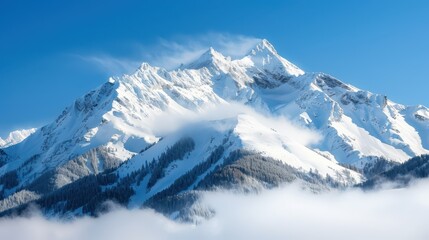 Snow-covered mountain peaks rising above a layer of fog under a clear blue sky, creating a mystical and awe-inspiring landscape that captivates the viewer's imagination.