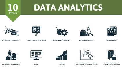Data Analytics icon set. Machine Learning, Data Visualization, Risk Management, Benchmarking, Reporting, Project Manager, Crm, Trend, Predictive Analytics, Confidentiality icons and more