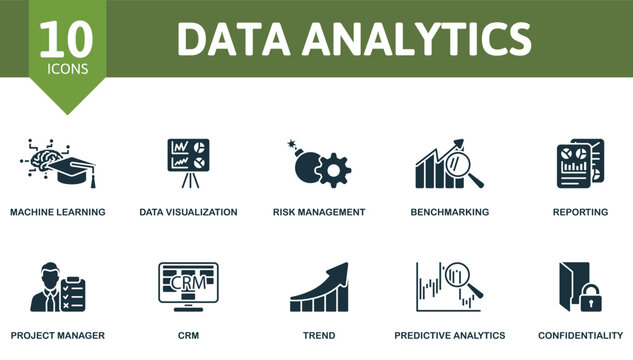 Data Analytics icon set. Machine Learning, Data Visualization, Risk Management, Benchmarking, Reporting, Project Manager, Crm, Trend, Predictive Analytics, Confidentiality icons and more
