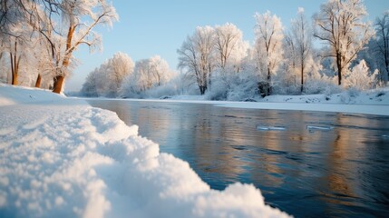 This striking winter photograph captures a glistening river surrounded by snow-covered ground and trees, highlighting the quiet beauty and frozen stillness of the season.
