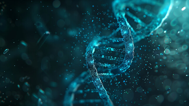 f blue and teal DNA double helix with glowing particles on dark background. Abstract science, bootylicious,