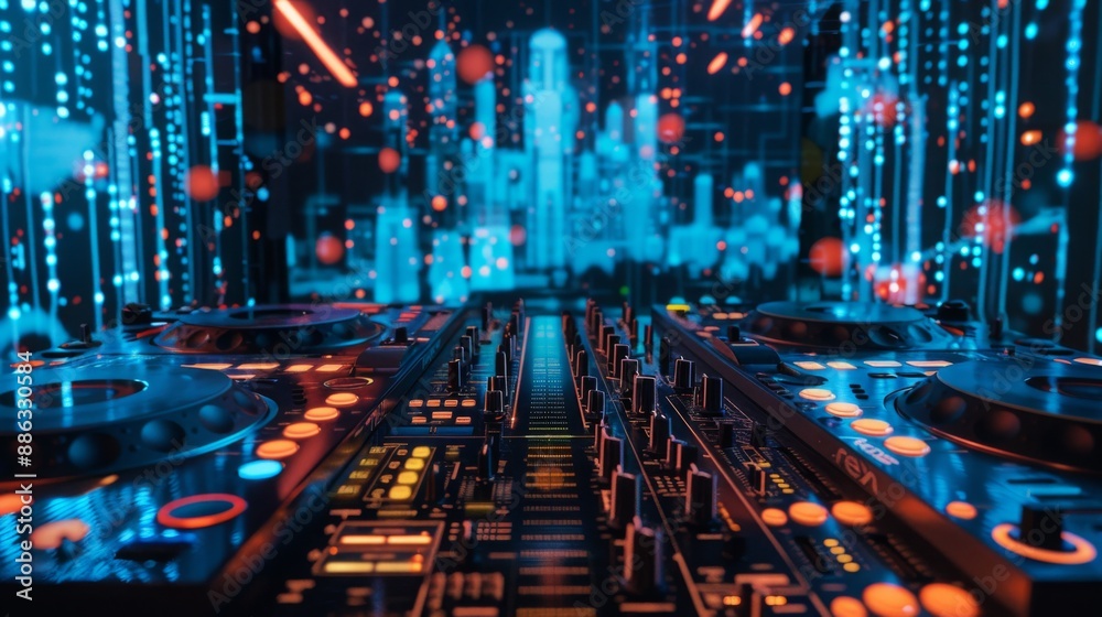 Poster A DJ mixer with blue and red lights reflecting off the buttons and knobs. A blurred background of lights in the shape of a city skyline can be seen in the background.