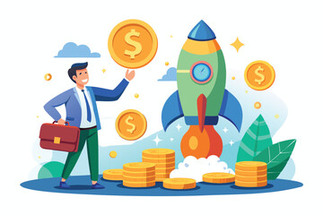 Venture Capitalist Funding Startup with Coins, Fueling Innovative Business Rocket Launch