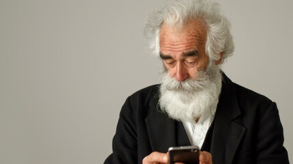 Distinguished elderly man in black suit using smartphone to connect, message, and handle calls stylishly.