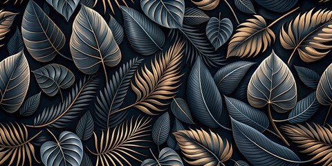 A sophisticated wallpaper design featuring an array of black and gold leaves on a dark background. The leaves are intricately detailed, giving a luxurious and elegant feel