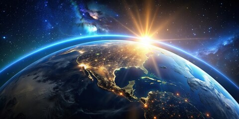 Obraz premium Earth floating in the vastness of space with glowing atmospheric bands and city lights visible from orbit, Earth, space