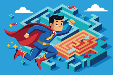 Superhero Businessman Flying to Solve Complex Maze Puzzle with Expertise