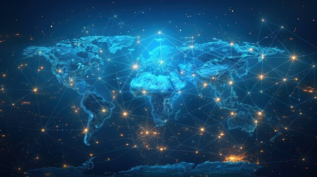 A world map with connecting lines, representing international business connections. 