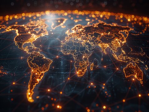 A world map with connecting lines, representing international business connections. 