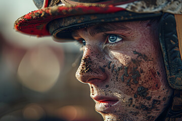 Mud-splattered jockey in intense focus