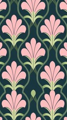 A vertical, pattern of pink stylized flowers with green stems on a teal background