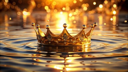 Golden crown floating gracefully on shimmering water , royalty, luxury, elegance, majestic, symbol, reflection, rich, regal