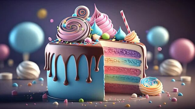 delicious  fantastic cake with icing and decorations isolated animation - 4k new quality stock video footage AI