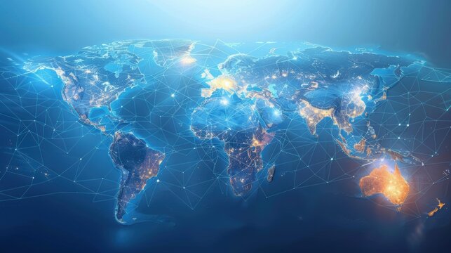 A world map with connecting lines, representing international business connections. 