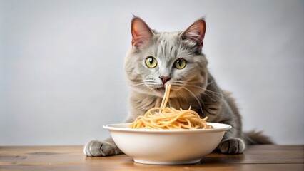 Playful gray cat named Noodle enjoying a bowl of noodles and showing off its whiskers and tail , cat, gray, playful, pet, feline