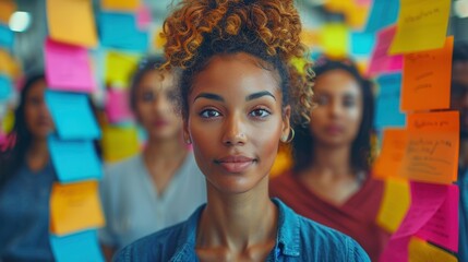 Diverse team brainstorming with colorful sticky notes. Focus on confident woman leading creative workshop in a collaborative workspace.