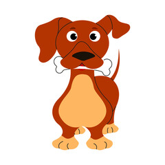 Dachshund dog standing with bone in mouth. Playful puppy in hand drawn style