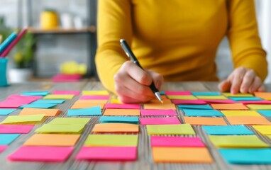 Fototapeta premium A woman's hand writes on a colorful sticky note on a desk, surrounded by other notes.