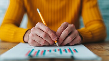 Close-up of hands writing on a sheet of paper with a pencil.  The paper has a colorful graph on it.