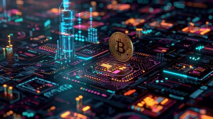 Futuristic digital network with bitcoin symbol, representing modern cryptocurrency technology and blockchain innovation.