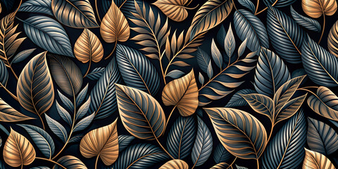 A sophisticated wallpaper design featuring an array of black and gold leaves on a dark background. The leaves are intricately detailed, giving a luxurious and elegant feel