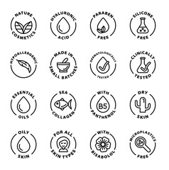 nature cosmetics icon set stamps black outline icon round rounded circle badge stamp label isolated on transparent background