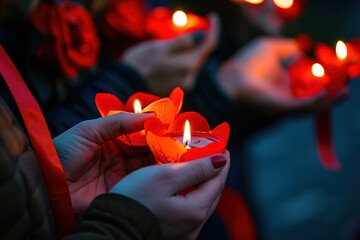 Candlelight vigil with participants holding candles and red ribbons