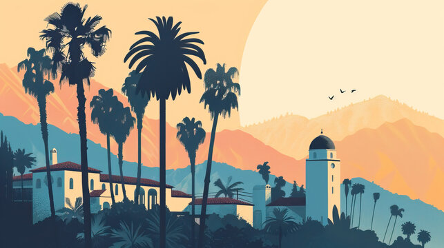 Risograph riso print travel poster, card, wallpaper or banner illustration, modern, isolated, clear, simple of Burbank, California, USA. Artistic, screen printing, stencil