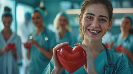 Female doctor making hand drawn heart shape looking at camera smiling happily Blurred background of a team of nurses in a hospital