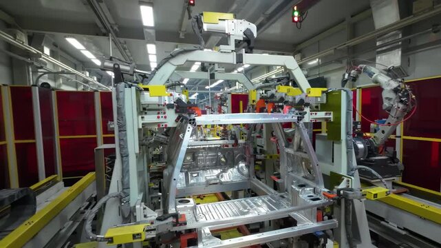 Robot arm inspecting an automobile assembly line works in a factory that assembles lithium or sodium batteries used in cars or electric vehicle.