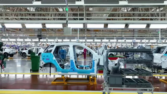 Factory industrial Robot arm inspecting an automobile assembly line works that assembles lithium or sodium batteries used in cars or electric vehicle Production Line